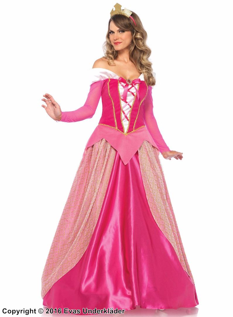 Princess Aurora from Sleeping Beauty, costume dress, lacing, big bow, off shoulder